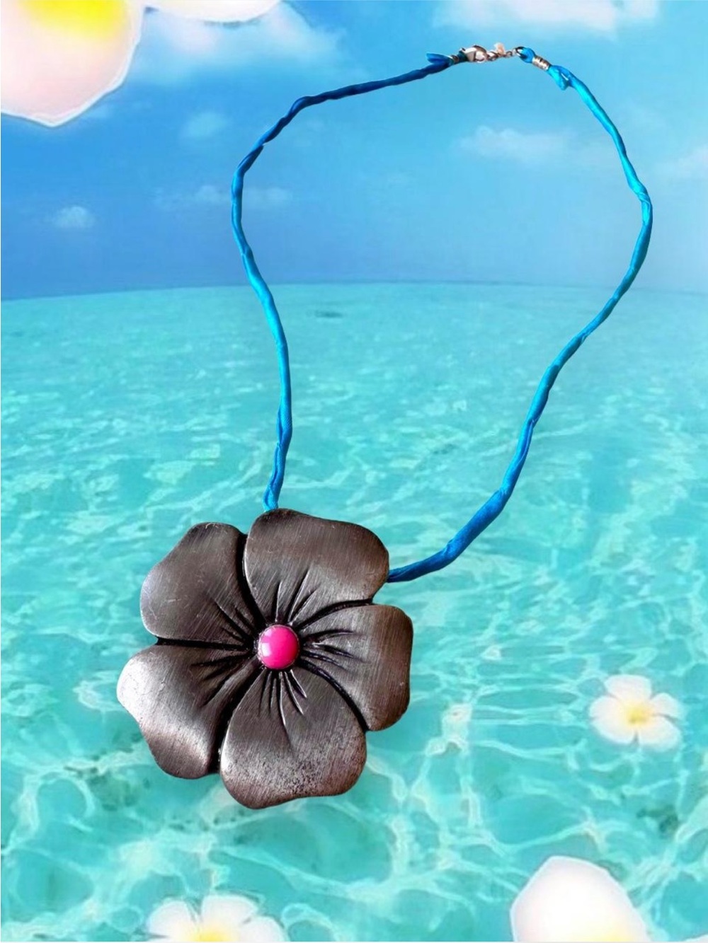 Blue Cord Hibiscus Flower Pendant Necklace with Pink Enamel Center